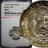 Peru Silver 1916 FG 1 Dinero NGC MS63 Small Date Light Toning  KM# 204.2 (101)