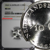 Netherlands Antilles Juliana Silver 1963 1/10 Gulden Mint-900,00 NGC MS64 KM# 3