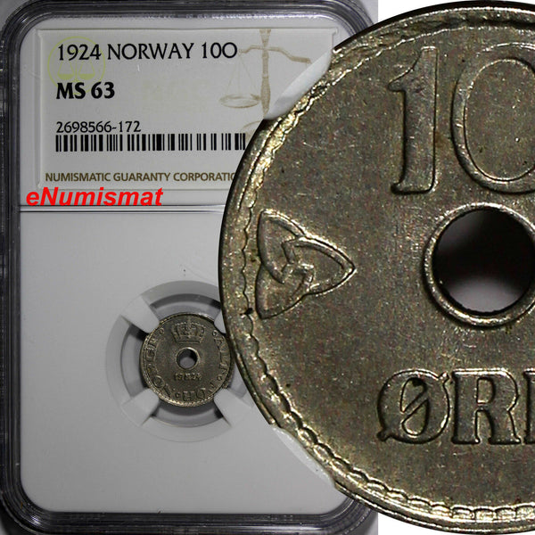 Norway Haakon VII Copper-Nickel 1924 10 Ore NGC MS63 1st YEAR TYPE  KM# 383