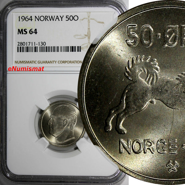 NORWAY Olav V Copper-Nickel 1964 50 Ore NGC MS64 KM# 408