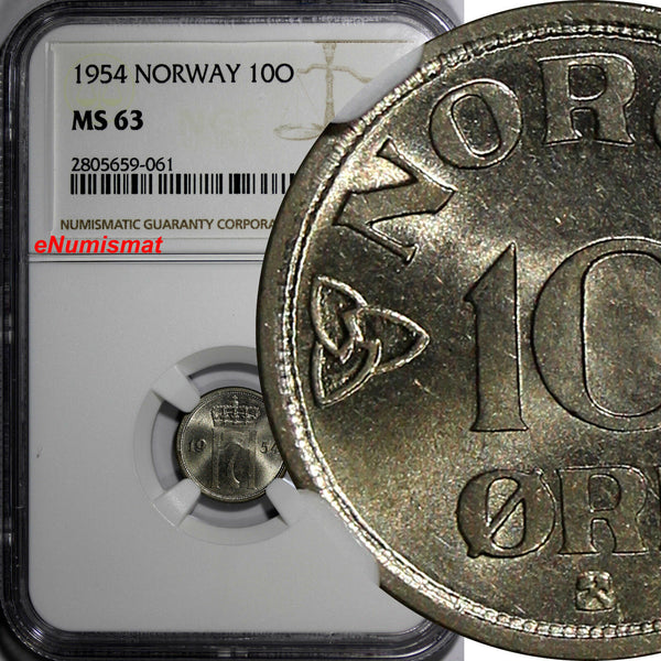 Norway Haakon VII Copper-Nickel 1954 10 Ore NGC MS63 KM# 396
