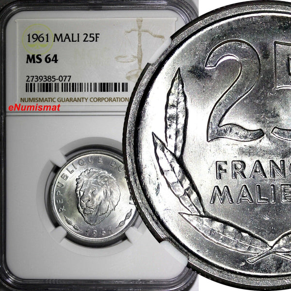 MALI Aluminium 1961 25 Francs Maliens NGC MS64 Lion's Head KM# 4