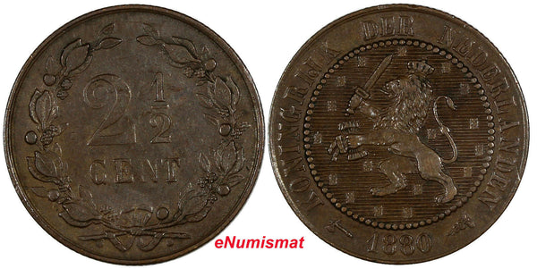 Netherlands Wilhelmina Bronze 1880 2-1/2 Cent XF Condition KM# 108