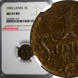 Latvia Bronze 1935 1 Santims NGC MS63 BN Struck at Switzerland.Last Date KM# 1