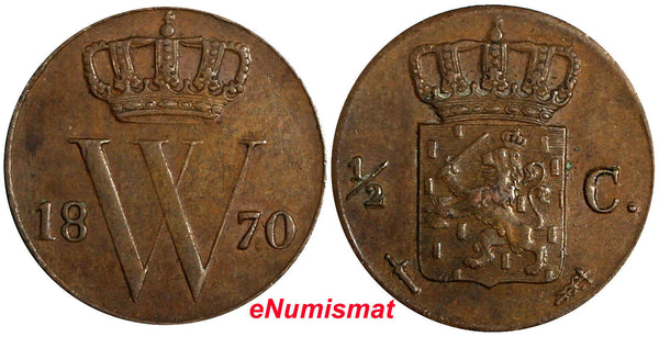 Netherlands William III Copper 1870 Sword 1/2 Cent KM# 90
