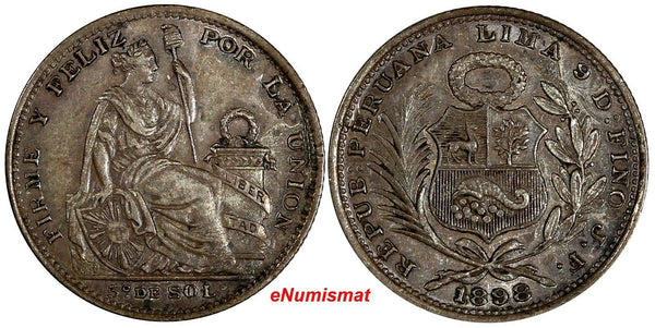 PERU Silver 1898 JF Closed "9"  1/5 Sol Mintage-350,000 XF KM# 205.2 (13 490)