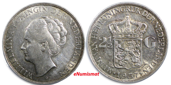 Netherlands Wilhelmina I Silver 1937  2-1/2 Gulden  KM#165