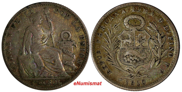 PERU Silver 1910 FG 1/5 Sol Mintage-165,000 Ch.Fine SCARCE KM# 205.2 (13 582)