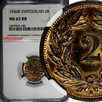 SWITZERLAND Bronze 1936 B 2 Rappen NGC MS63 RB RED Mintage-500,000 KM# 4.2a (180