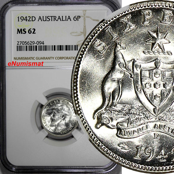 Australia George VI Silver 1942-D 6 Pence Sixpence NGC MS62 KM# 38