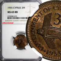 Cyprus Elizabeth II Bronze 1955 3 Mils NGC MS65 RB 1 YEAR TYPE KM# 33