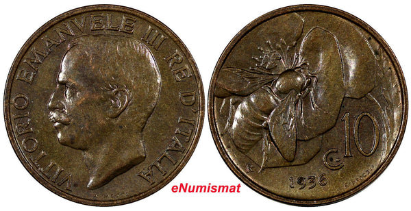 Italy Vittorio Emanuele III Bronze 1936-R 10 Centesimi aUNC Cond. SCARCE KM# 60