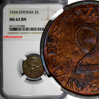 ESTONIA Bronze 1934 2 Senti NGC MS63 BN 1 YEAR TYPE KM# 15