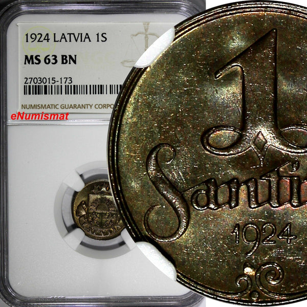 LATVIA Bronze 1924 1 Santims NGC MS63 BN Toning Struck at Switzerland.KM# 1
