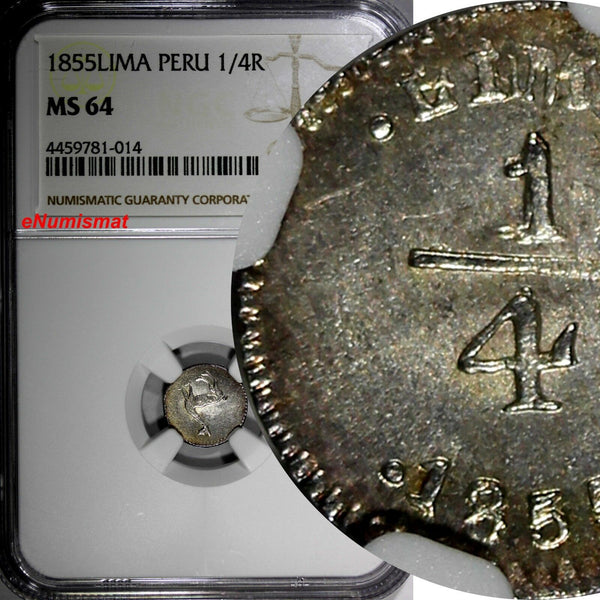 PERU Silver 1855 LIMA 1/4 Real NGC MS64 Light Toned  KM# 143.1 (014)