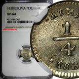 PERU Silver 1830/28 1/4 Real OVERDATE NGC MS64 ONLY 1 GRADED HIGHER KM#143.1/005