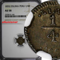 Peru Silver 1855/35 1/4 Real OVERDATE NGC AU58 LIMA Nice Toned KM# 143.1