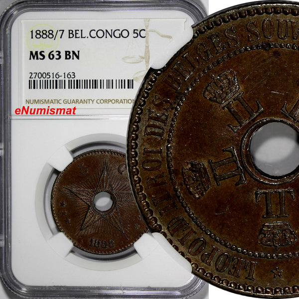 Belgian Congo Free State Leopold II 1888/7 5 Centimes OVERDATE NGC MS63 BN KM# 3