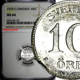 SWEDEN Gustaf V Silver 1929 G 10 Ore NGC MS64 KM#780