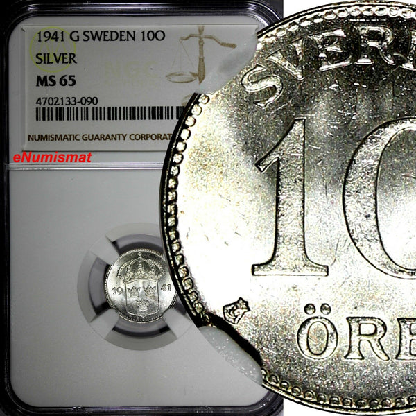 SWEDEN Gustaf V Silver 1941 G 10 Ore NGC MS65 WWII ISSUE 1 GRADED HIGHER KM# 780