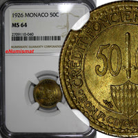 Monaco Louis II 1926 50 Centimes NGC MS64 Mintage-100,000 1 YEAR TYPE KM# 113