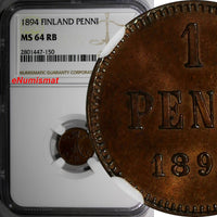 FINLAND Aleksandr III Copper 1894 1 Penni NGC MS64 RB LAST DATE FOR TYPE KM# 10