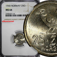 Norway Olav V Copper-Nickel 1960 25 Øre NGC MS64 TOP GRADED BY NGC KM# 407