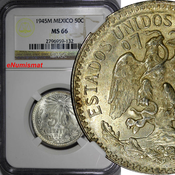 Mexico Silver 1945 M 50 Centavos NGC MS66 GEM BU High Grade KM# 447