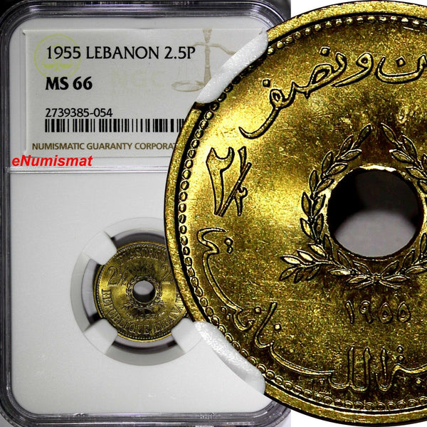 LEBANON Aluminum-Bronze 1955 2 1/2 Piastres NGC MS66 Monnaie de Paris KM# 20