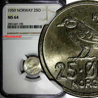 Norway Olav V Copper-Nickel 1959 25 Ore NGC MS64 BETTER DATE KM# 407