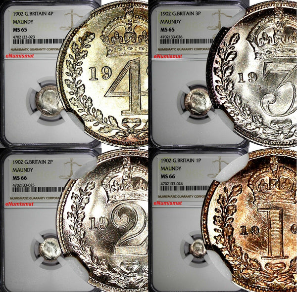 GREAT BRITAIN Edward VII Silver 1902 Maundy Set (4 Coin) NGC MS66,MS65 Toned