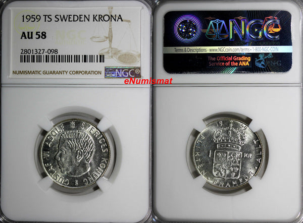 Sweden Gustaf VI Silver 1959 TS Krona NGC AU58  KEY DATE SCARCE KM# 826 N/R
