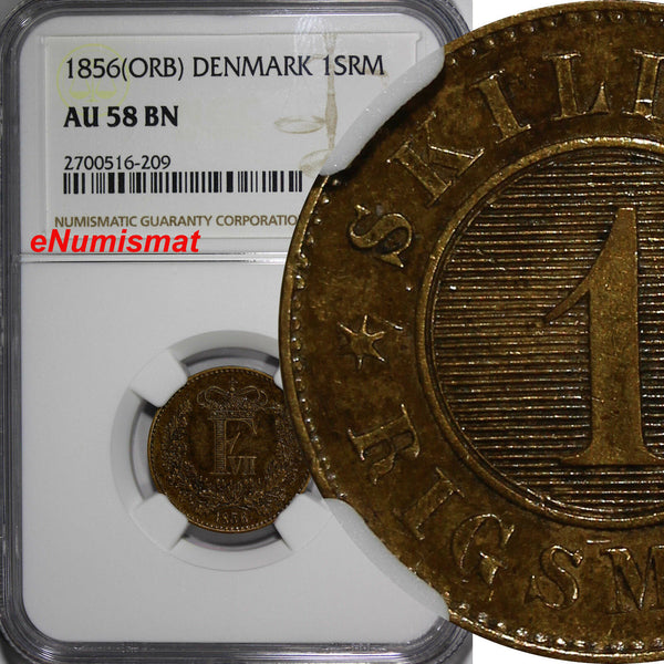 Denmark Frederik VII Bronze 1856 (ORB) 1 Skilling Rigsmont NGC AU58 BN KM# 763