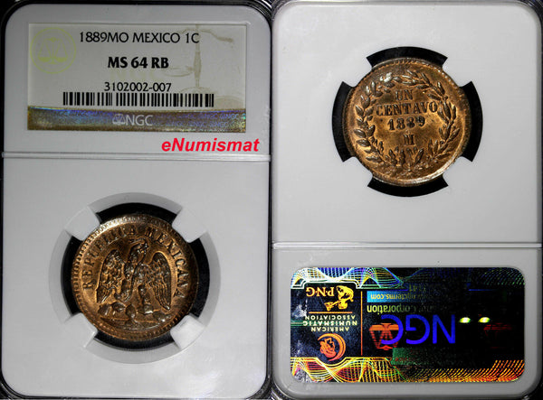 Mexico Copper 1889 Mo 1 Centavo NGC MS64 RB Nice Original RED Toning KM# 391.6