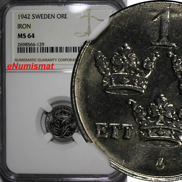 SWEDEN Gustaf V Iron 1942 1 Ore NGC MS64  World War II issues 1st YEAR  KM# 810