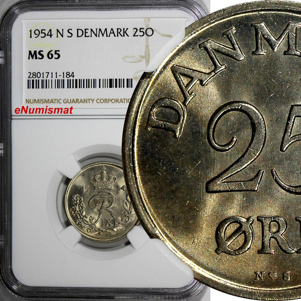 DENMARK Frederik IX 1954 N S  25 Ore NGC MS65 LIGHT TONING 23mm KM# 842.1
