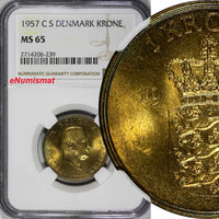 DENMARK Frederik IX Aluminum-Bronze 1957 CS 1 Krone NGC MS65  KM# 837.2