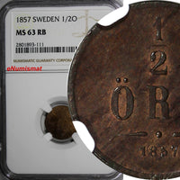 SWEDEN Oscar I Bronze 1857 1/2 Ore NGC MS63 RB RED BROWN KM# 686