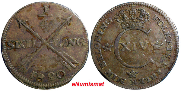 SWEDEN COPPER Carl XIV Johan 1820 1/4 SKILLING    KM#595