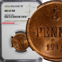 Finland Russian Tsar Nicolas II (1895-1917) 1916 5 Pennia NGC MS63 RB KM# 15