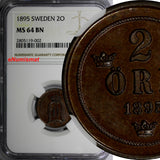 SWEDEN Oscar II Bronze 1895 2 Ore NGC MS64 BN Mintage-781,000  KM# 746