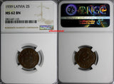 Latvia Bronze 1939 2 Santimi NGC MS62 BN 1 YEAR TYPE KM# 11.2