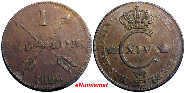 SWEDEN COPPER  Carl XIV Johan 1828  1 SKILLING Mintage:664,000  XF  KM#597 #2395