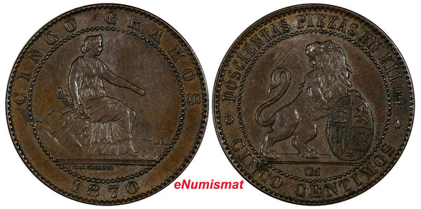 SPAIN Provisional Government Copper 1870 OM 5 Centimos Choice XF Condit. KM#662