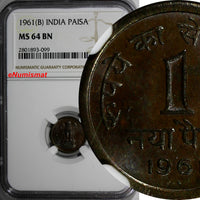 India-Republic Naya Bronze 1961 B 1 Paisa NGC MS64 BN KM# 8