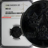 SWEDEN Gustaf V Iron 1948 2 Ore NGC MS62  KM# 811