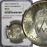 SWEDEN Silver 1952 ST 5 Kronor NGC MS63 70th Birthday Gustaf VI Adolf KM# 828