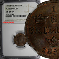 SWEDEN Carl XIV Johan Copper 1832 1/6 Skilling PLAIN BORDER NGC MS64 BN KM# 634