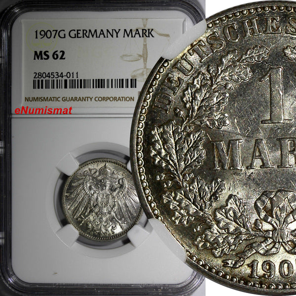 Germany Wilhelm II Silver 1907 G 1 Mark NGC MS62 Toning BETTER DATE KM#14 (011)