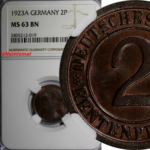 Germany,Weimar Republic 1923-A 2 Rentenpfennig NGC MS63 BN  KM# 31 (019)